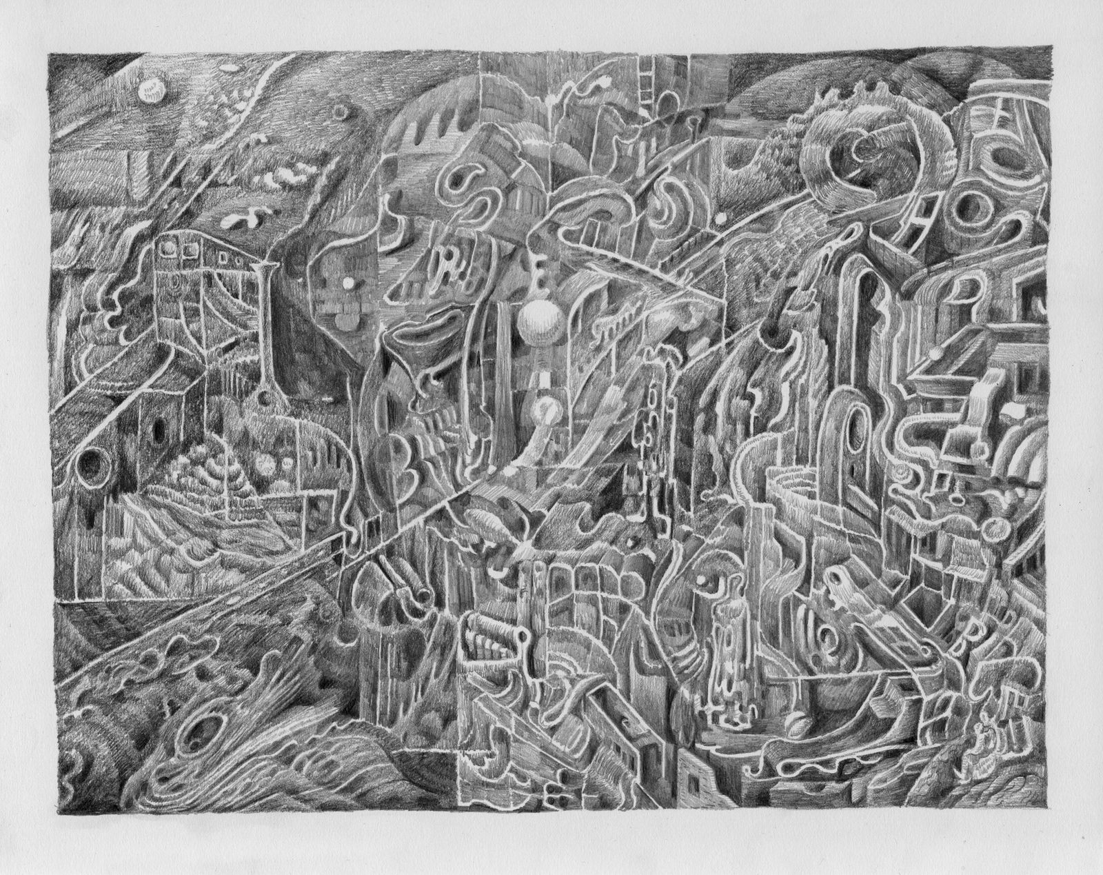 black and white drawing of long twisted pathways