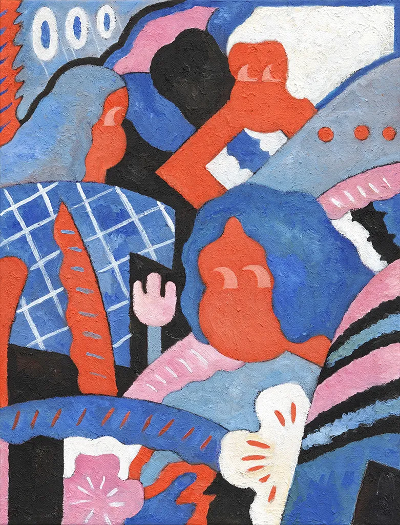 Painted of abstract figures and patterns in different shades of blue and red