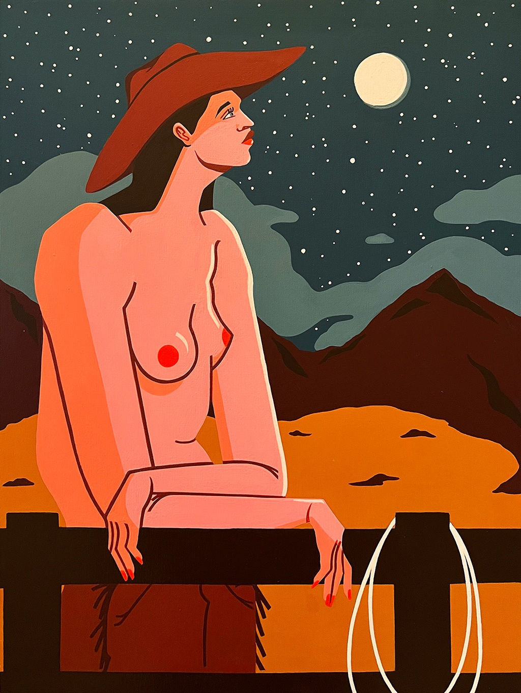 Painting of a cowgirl topless leaning over a wooden post with a desert background in the background