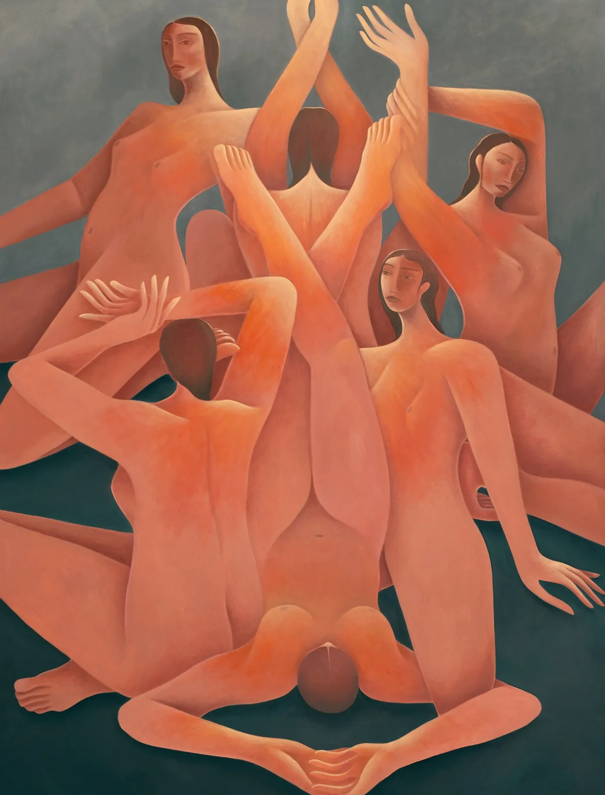 Painting by Laura Berger of five naked figures draped over each other. Three with their arms raised, one laying on their back and their feet up.