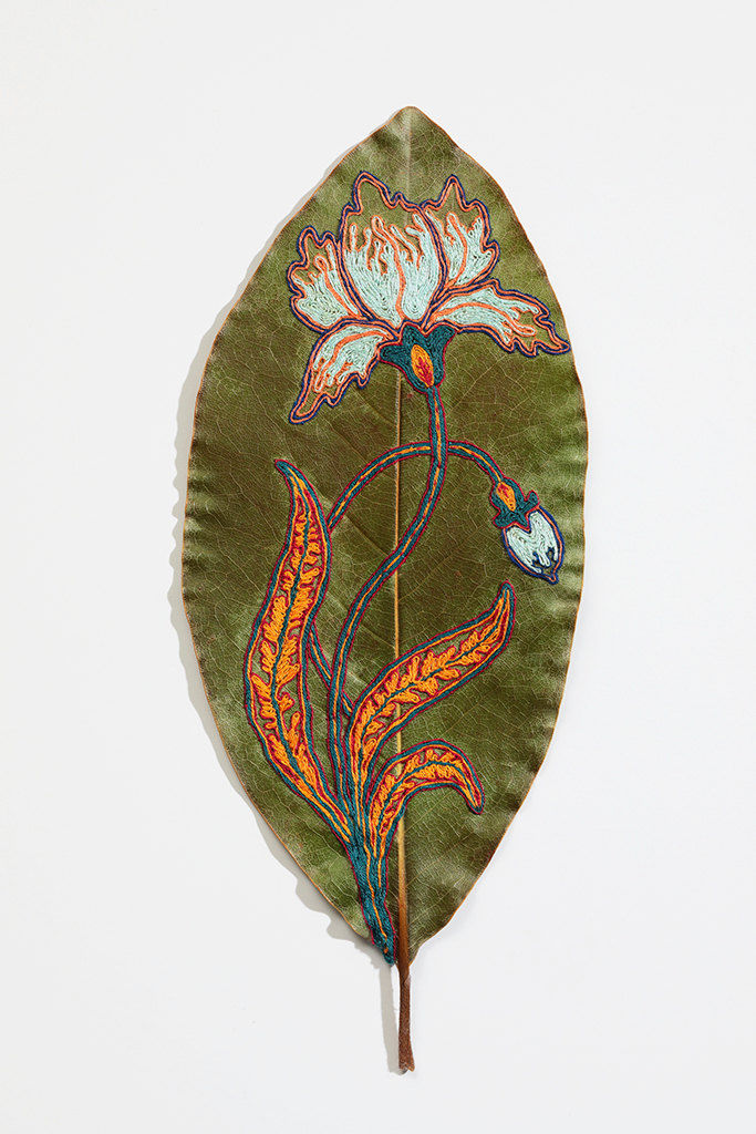 Hillary Waters Fayle hand embroidered floral design on leaf