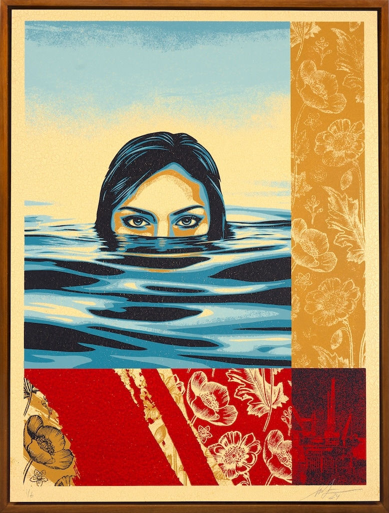 Silkscreen print of a woman's face half submerged in water, with red and yellow border.