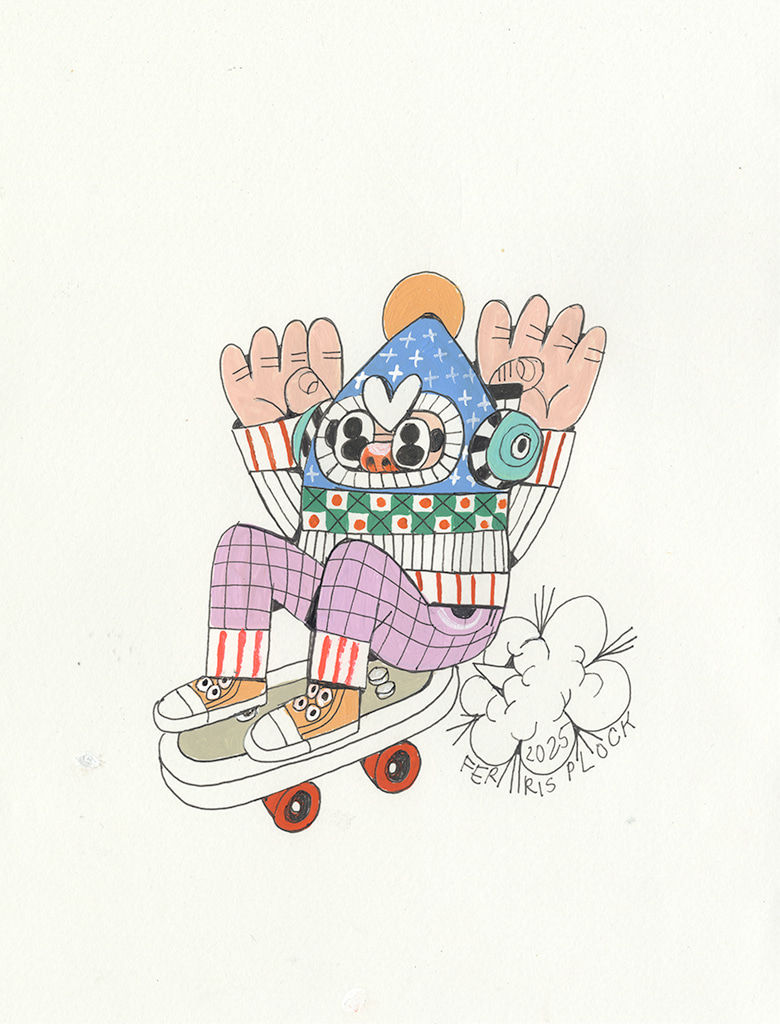 A piece by Ferris Plock of one of his illustrative characters wearing headphones and riding a skateboard. The character is wearing very vivid colorful and pattern filled clothing.
