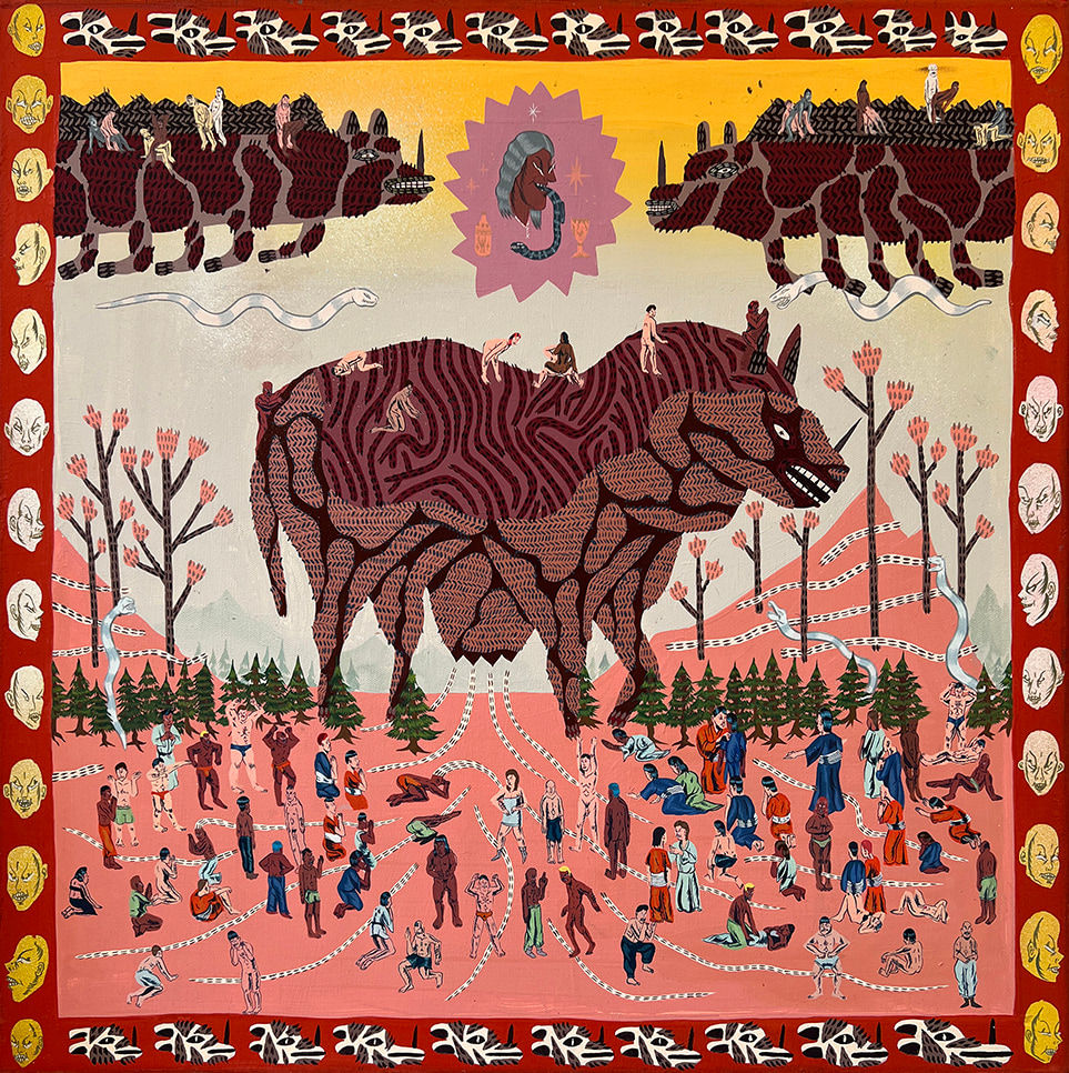Painting of a large animal with miniature people standing on its back and on the ground below it