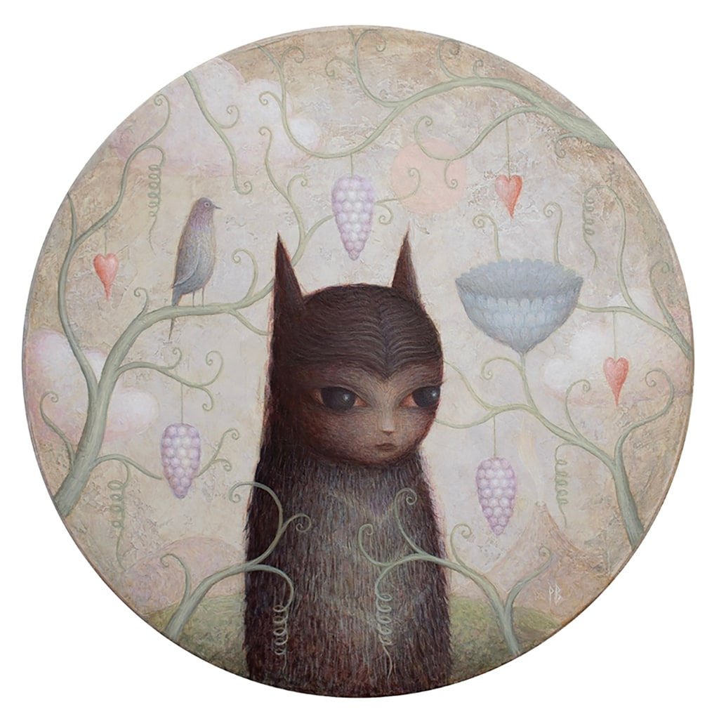 Circular painting of a cat like creature surrounded by vines with hanging fruits and hearts