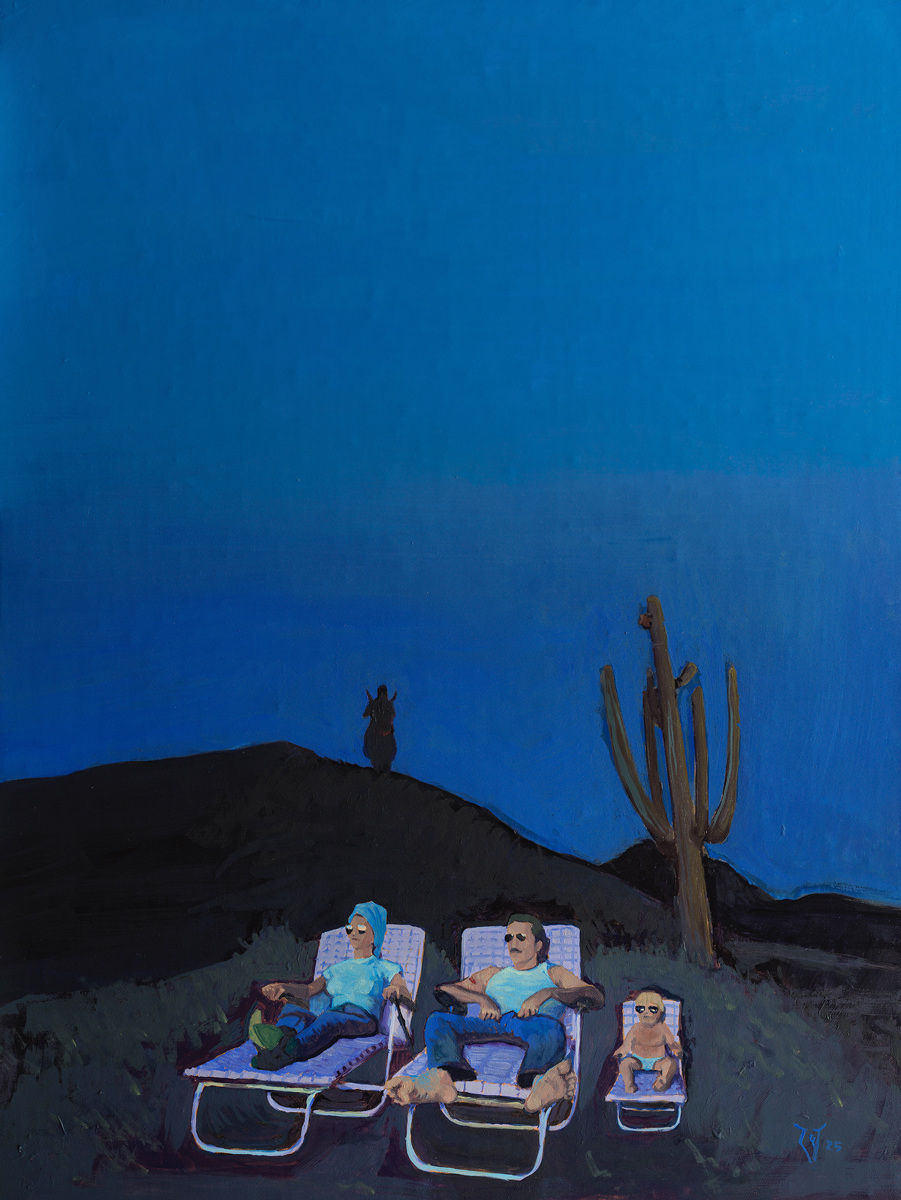 Painting of a family laying on lawn chairs in a desert in the dark