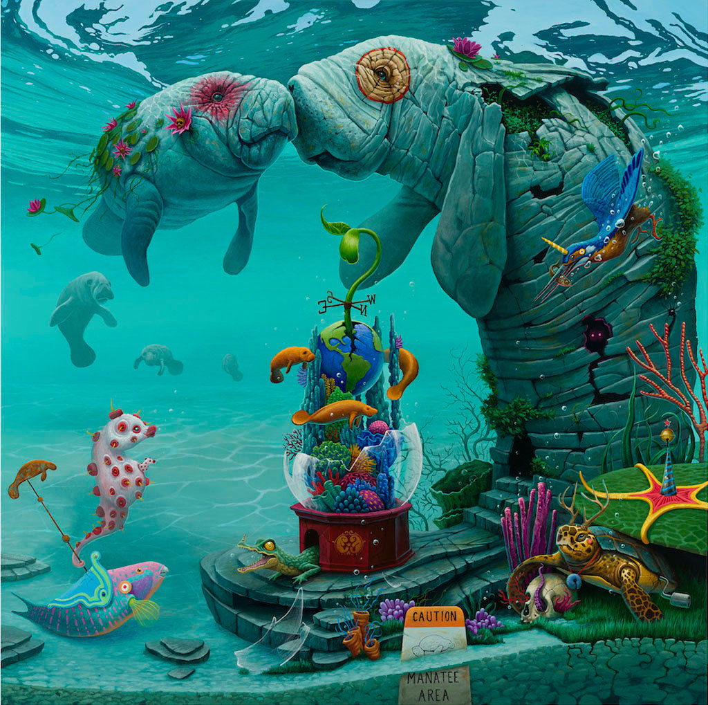 Dulk painting of manatees underwater with broken snowglobe of coral and a small planet Earth