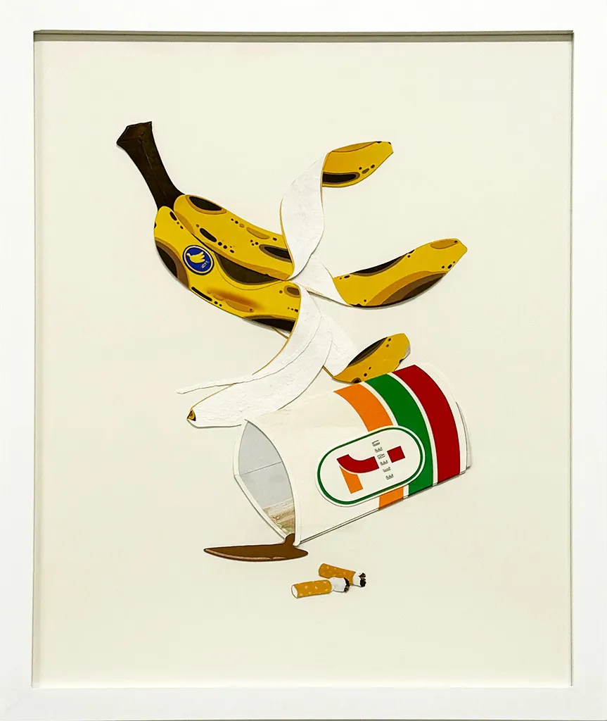 Framed Painting of a banana peel, 7-Eleven coffee cup, and two cigarette butts