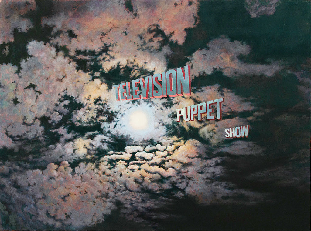 Painting of a night sky with pink, blue and white iridescent clouds with the words Television Puppet Show of center from the moon