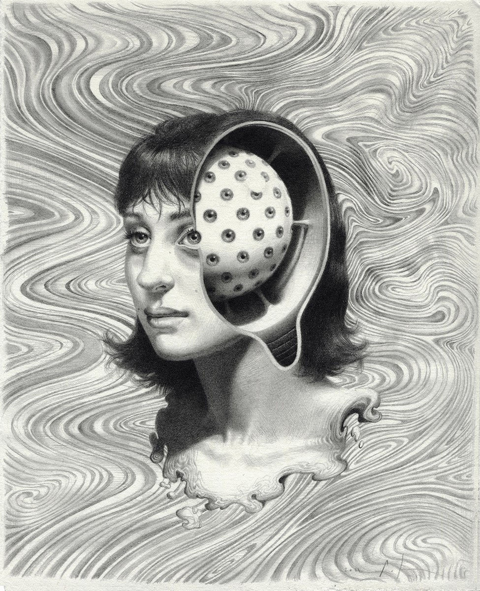 black and white drawing of a woman's head which is open on the side revealing an eyeball covered orb inside