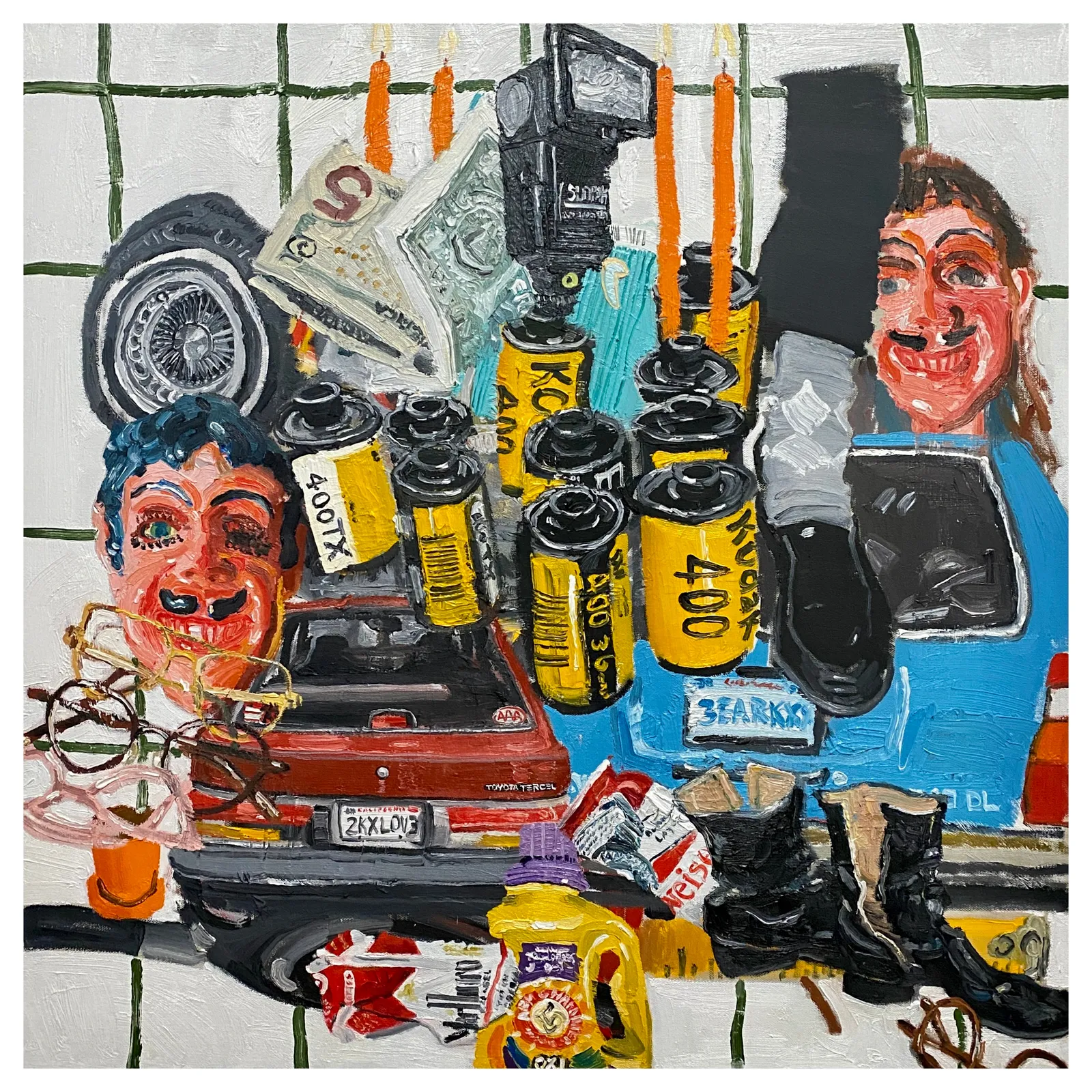 Emilio Villalba oil on canvas of film canisters, cars, cigarette packaging and masks