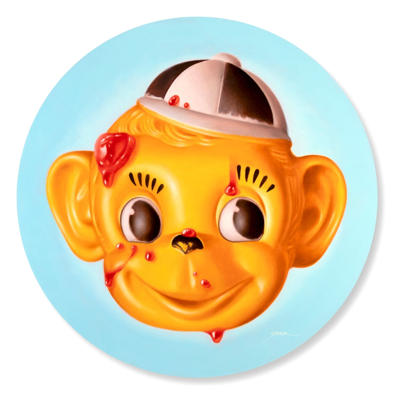 Circular painting of a monkey wearing a hat with jelly on its face