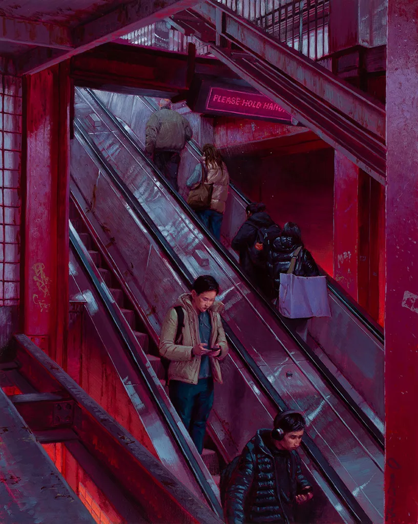 Painting of an industrial building with people riding on two escalators with