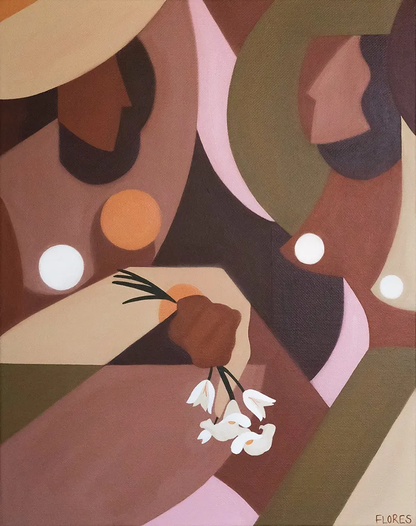 painting of two women made out of geometric earth-toned shapes by Liz Flores