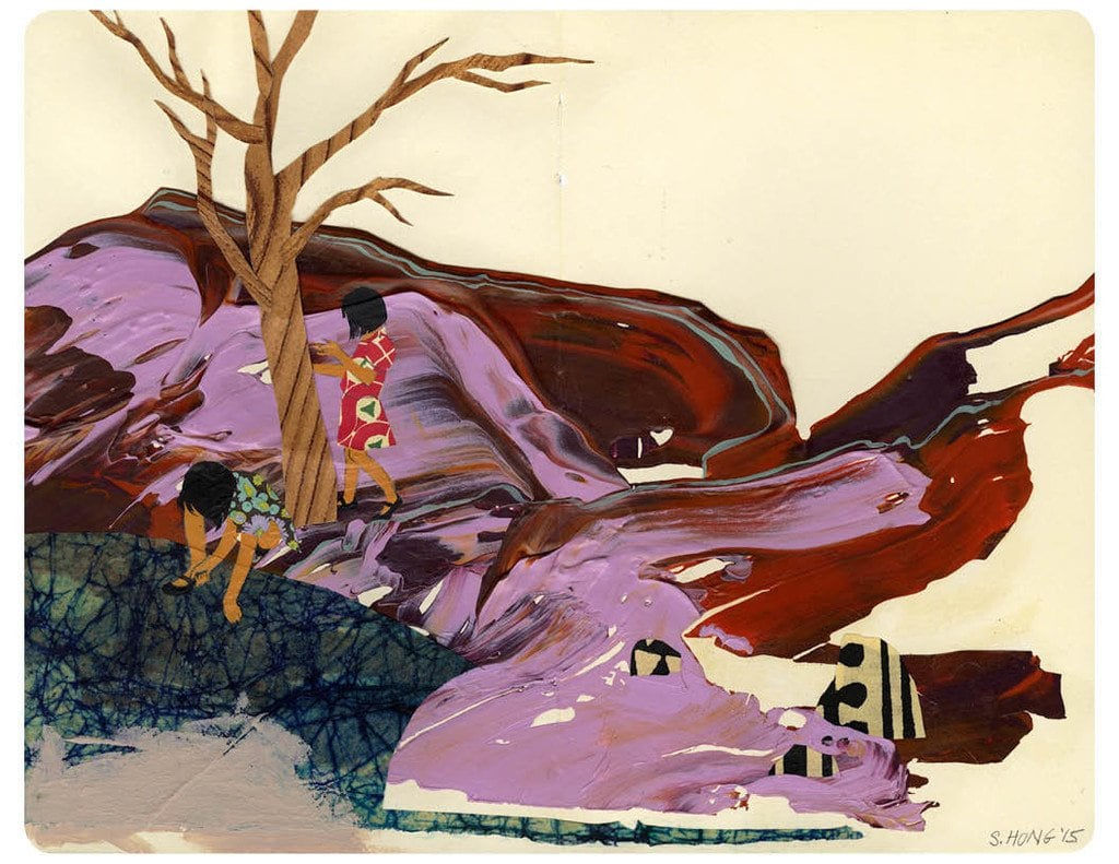 Painting of a two people in colorful patterned dresses next to a dead tree on a multicolor hill.