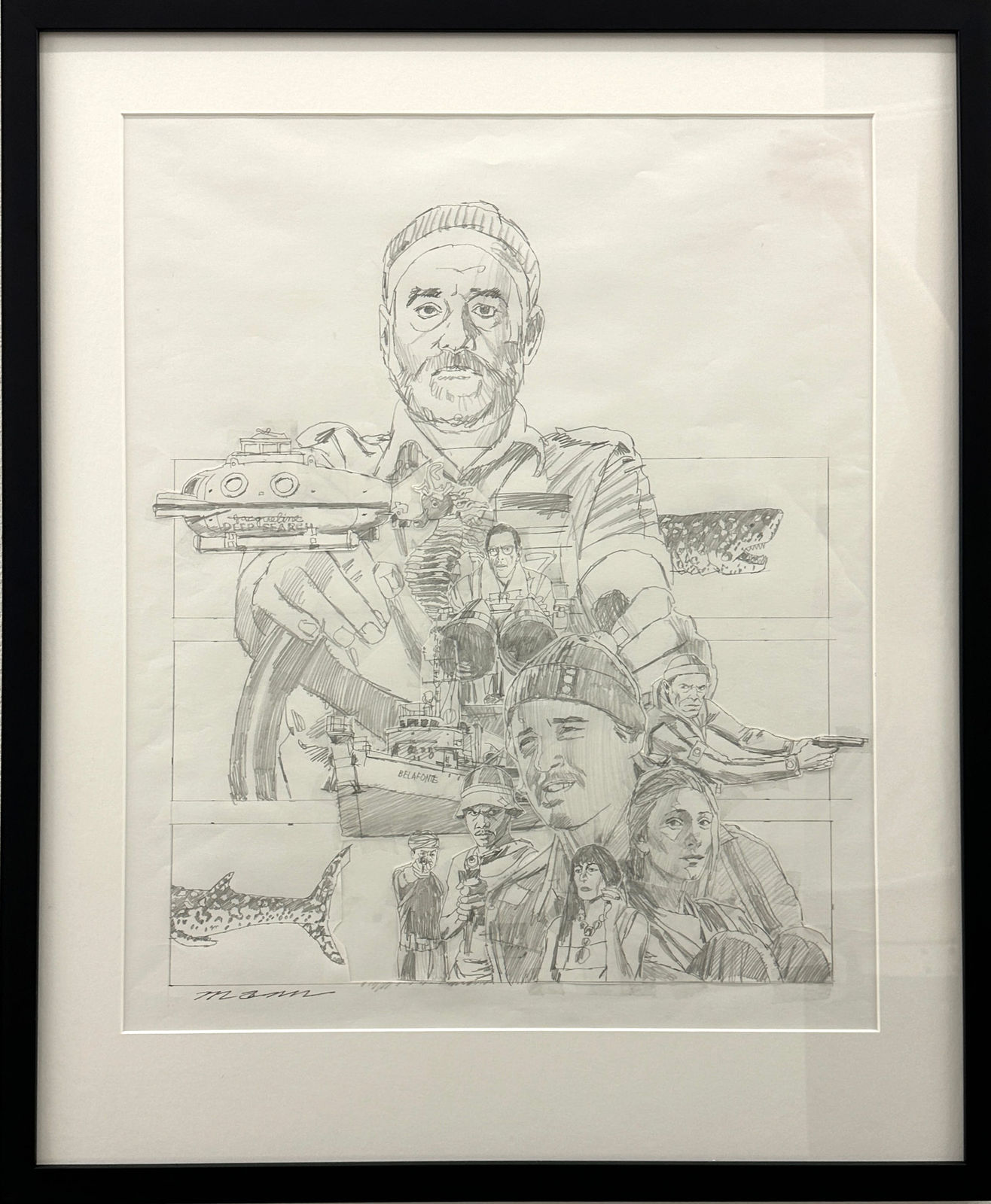 Painting of character from the Life Aquatic with submarines and boat around them