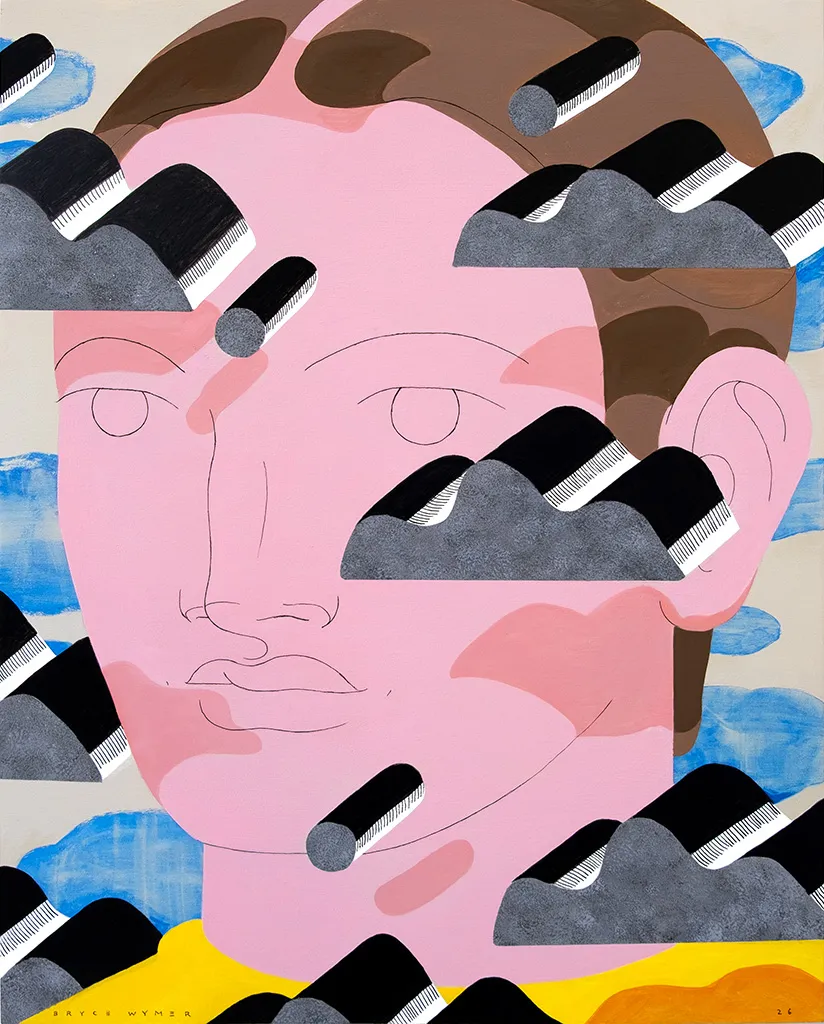 Portrait of a person's face in pink with grey clouds floating in front