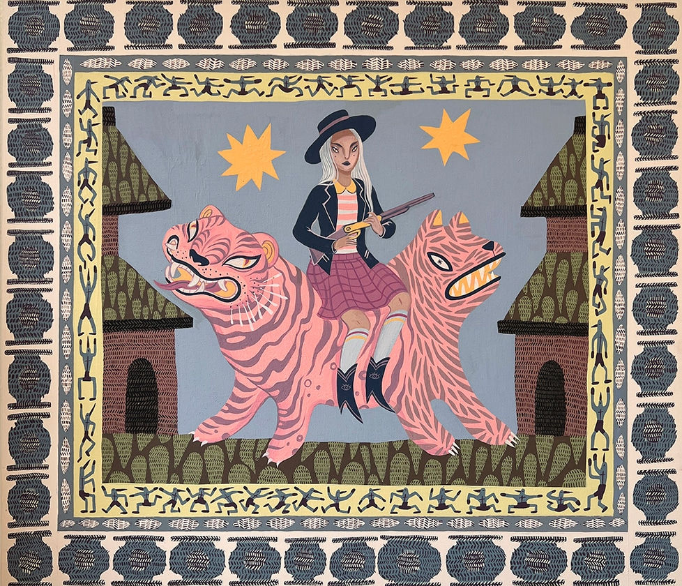 Painting of woman with a wide brimmed hat, pink shirt and black jacket holding a shot gun sitting on two pink tigers