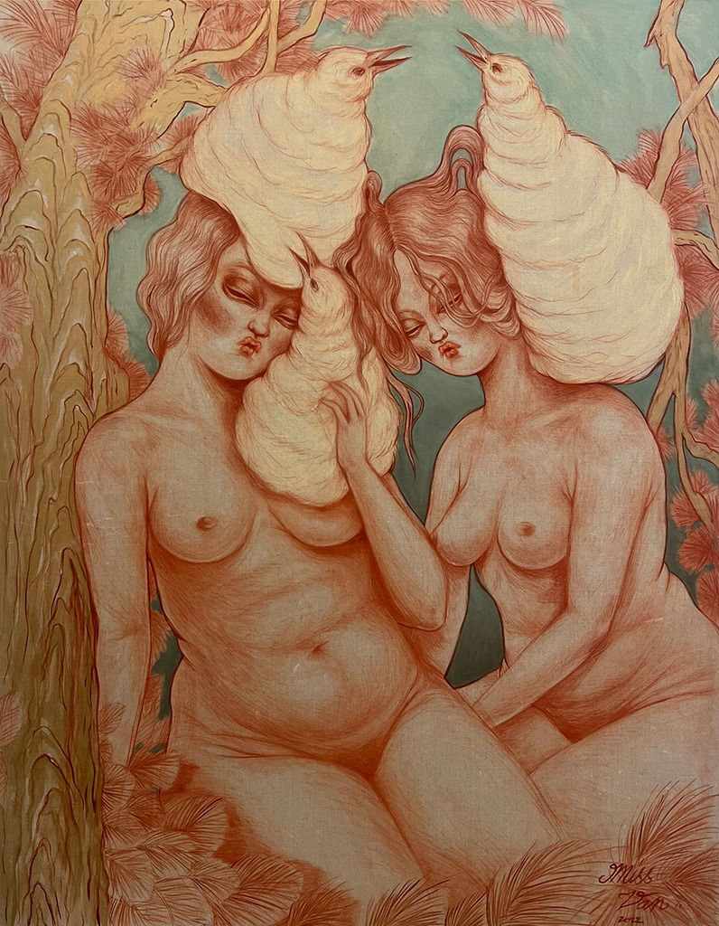 painting of two nude Muses holding three birds
