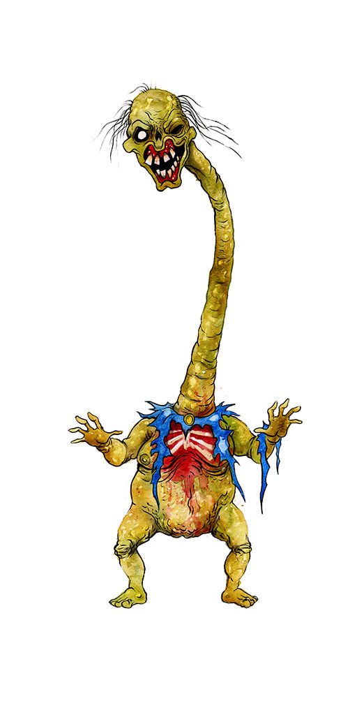 Painting by Alex Pardee of a creature with a very long neck and scary face