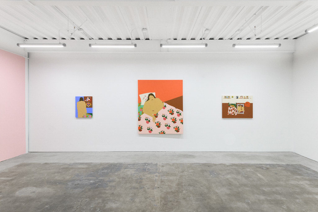 installation of Gina M. Contreras exhibition - white wall with three paintings of nude female figures. From left to right: 