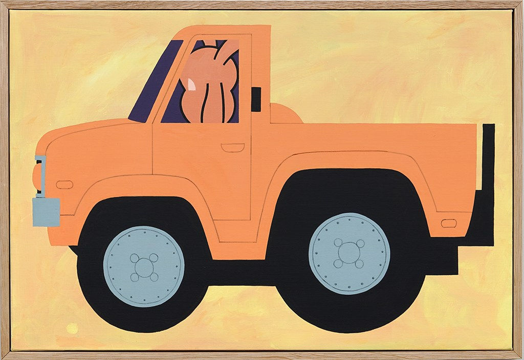 Painting of an orange pickup truck on a yellow background with a figure with long ears sitting in the drivers seat