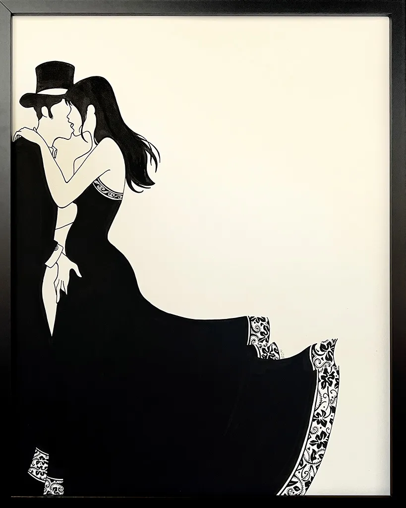 Black silhouette of a man in a top hot and a woman in a dress kissing