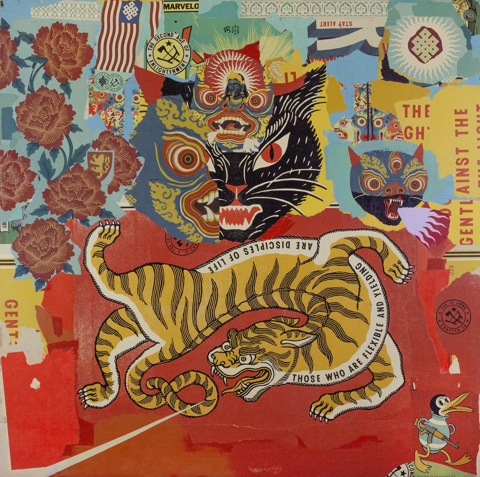 Ravi Zupa mixed media collage piece with tiger and cat