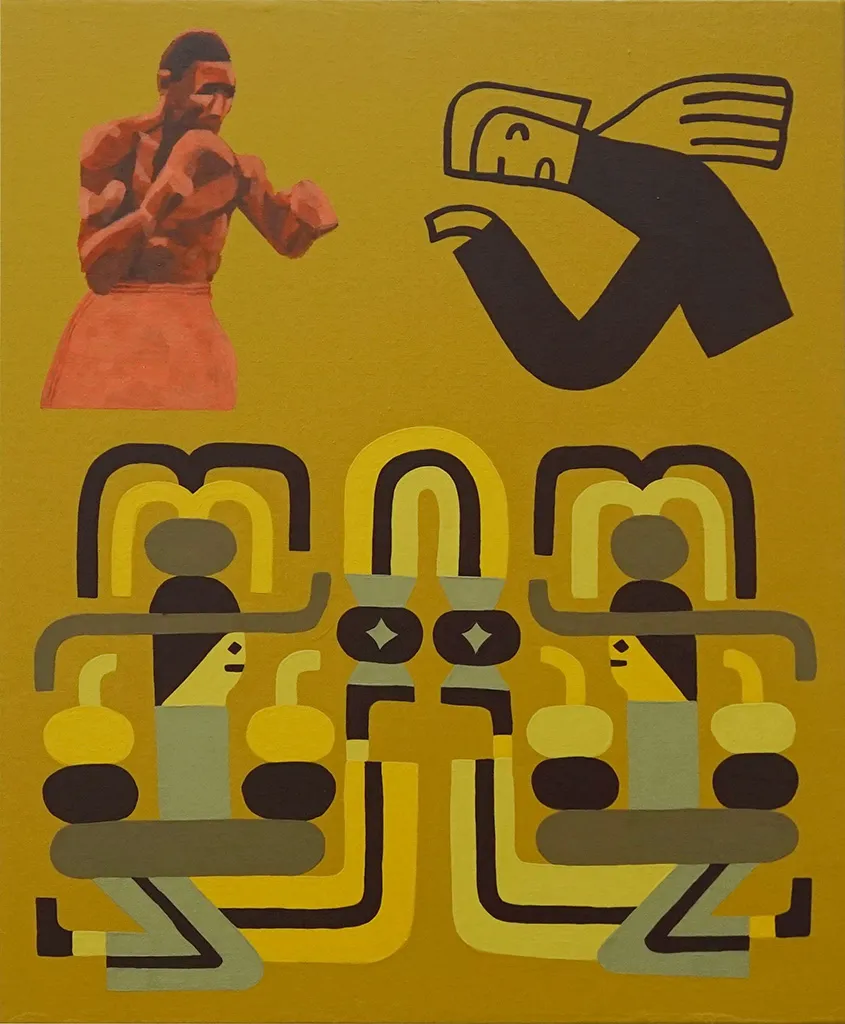 Painting of a person wearing boxing gloves, an animated figure with wings, and two geometric figures on a dark yellow background