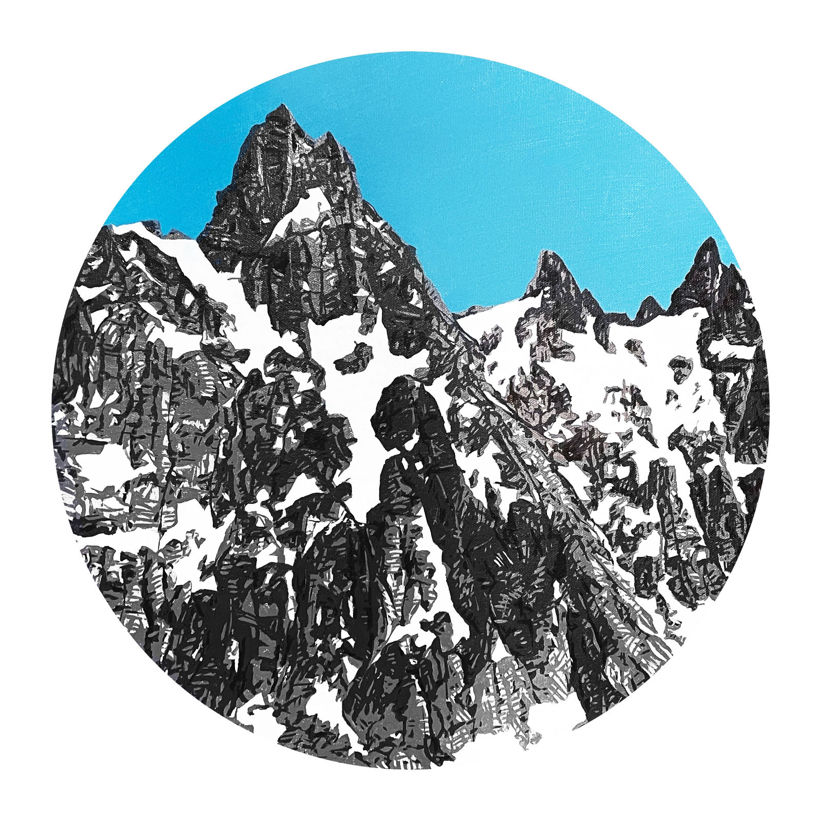 Circular painting of a snow covered mountain against a bright blue background