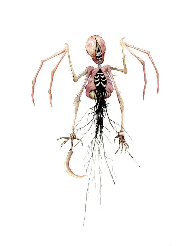 Painting by Alex Pardee of a bat skeleton