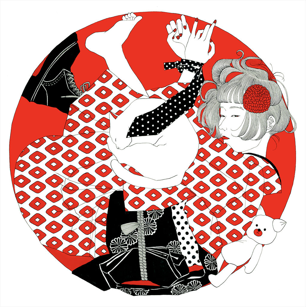 Circular painting of a girl and a cat on a red background