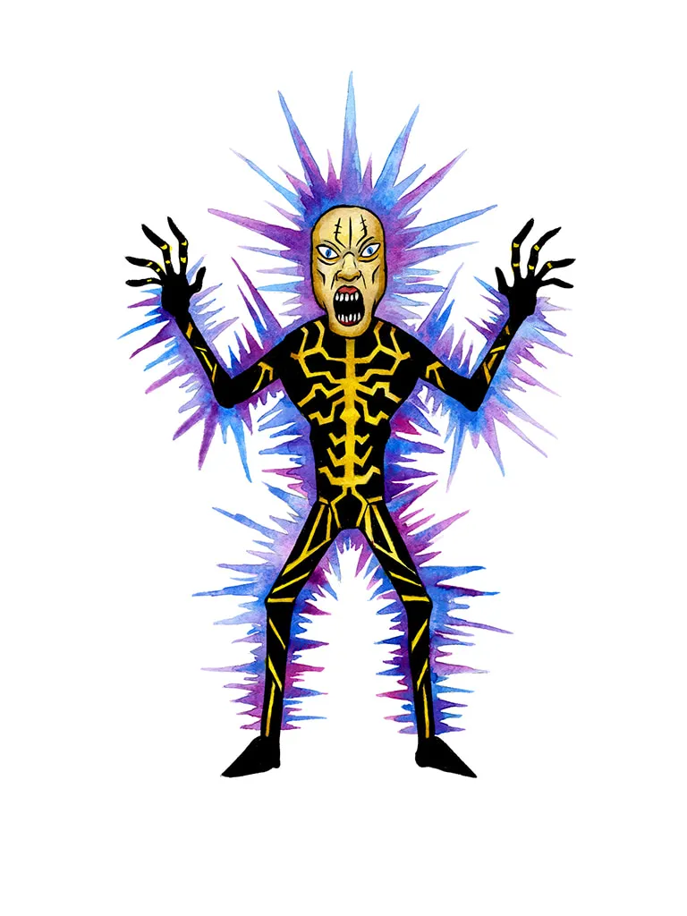 Painting by Alex Pardee of a man in black and yellow and looks like lightening is running through him