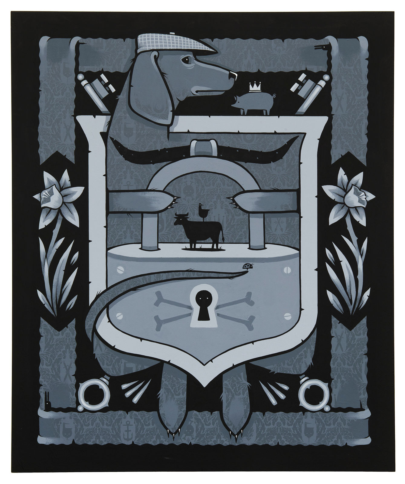 Gray-scale painting of a crest like composition depicting a dog wearing a plaid flat cap, daffodils, a cow and checken, and a padlock by artist Jeremy Fish