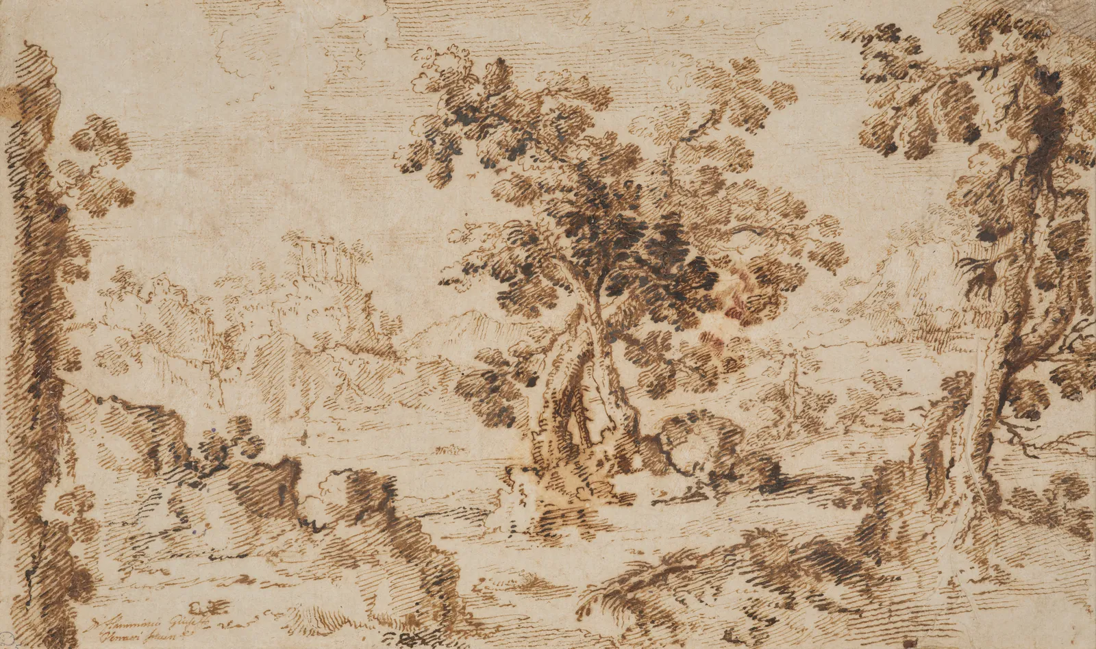 Giulio Parigi, Rocky Landscape with Trees and Temple Ruins / Paysage rocheux arboré avec les ruines d'un temple, ca. 1615