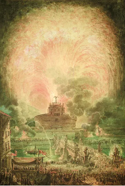 Louis-Jean Desprez, The Girandola above the Castel Sant'Angelo/ La Girandole au-dessus du Château Saint-Ange, 1781-1784