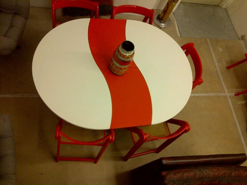 Unknown, Oval Dining Table and 7 Retro Italian Wood and Cane Folding Chairs (attributed to Aldo Jacober) + part of eight chair, circa 1960