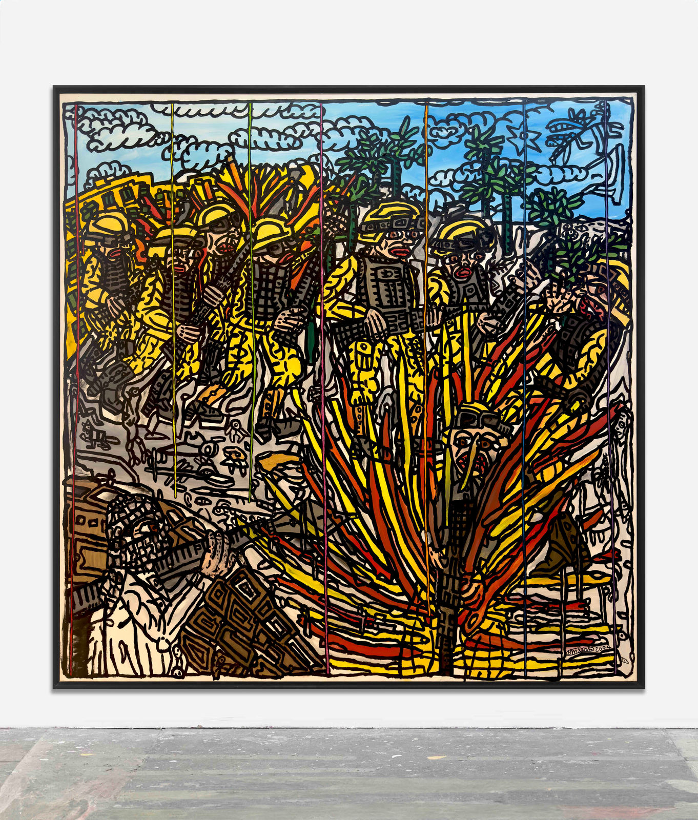 Robert Combas, TERRIBLE FEU D'ARTIFICE Terrible feu d'artifice, massacre de populations. L'étau se resserre sur ce morceau d'images d'Irak où les femmes pleurent et les hommes saignent. La peur de la guerre, du viol et du sang., 2004