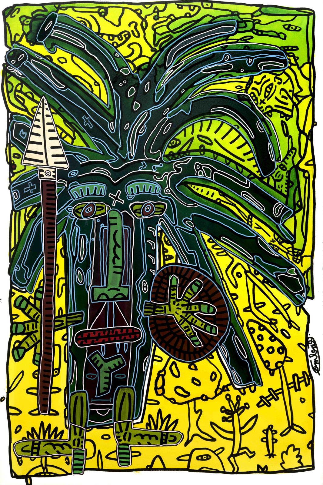 Robert Combas, GARDE D'APRÈS PLANTE VERTE. Charles Delagreen de l'anglicisme comme tous les Français. "I worked in the defense of the transports de fonds". Traduction : "Je travaille à la défense des transports de fonds." Arme blanche et bouclier anti-Kalachnikov., 2025