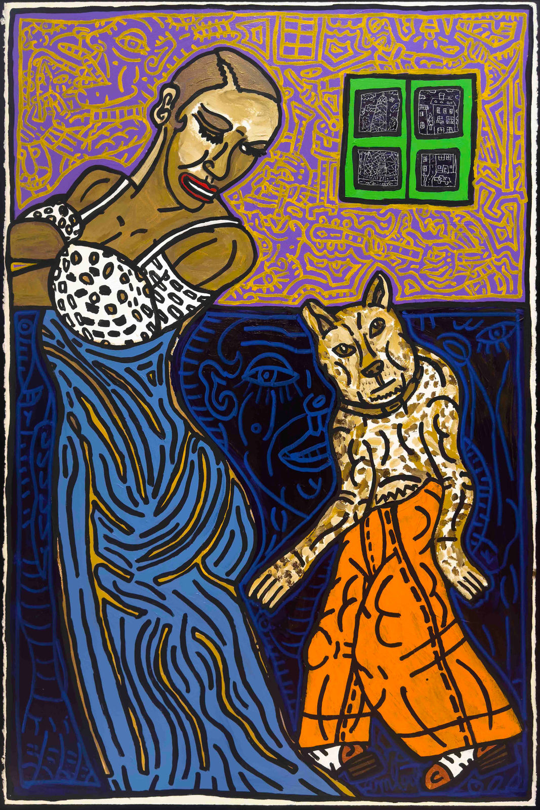 Robert Combas, JOSÉE, FINE ET ENJOUÉE, DANSE UN PETIT MENUET AVEC SON GUÉPARD HABILLÉ. ELLE, AVEC SA ROBE FOURREAU BLEUTÉE, ET LUI, AVEC SON BEAU PANTALON ORANGÉ, 2025