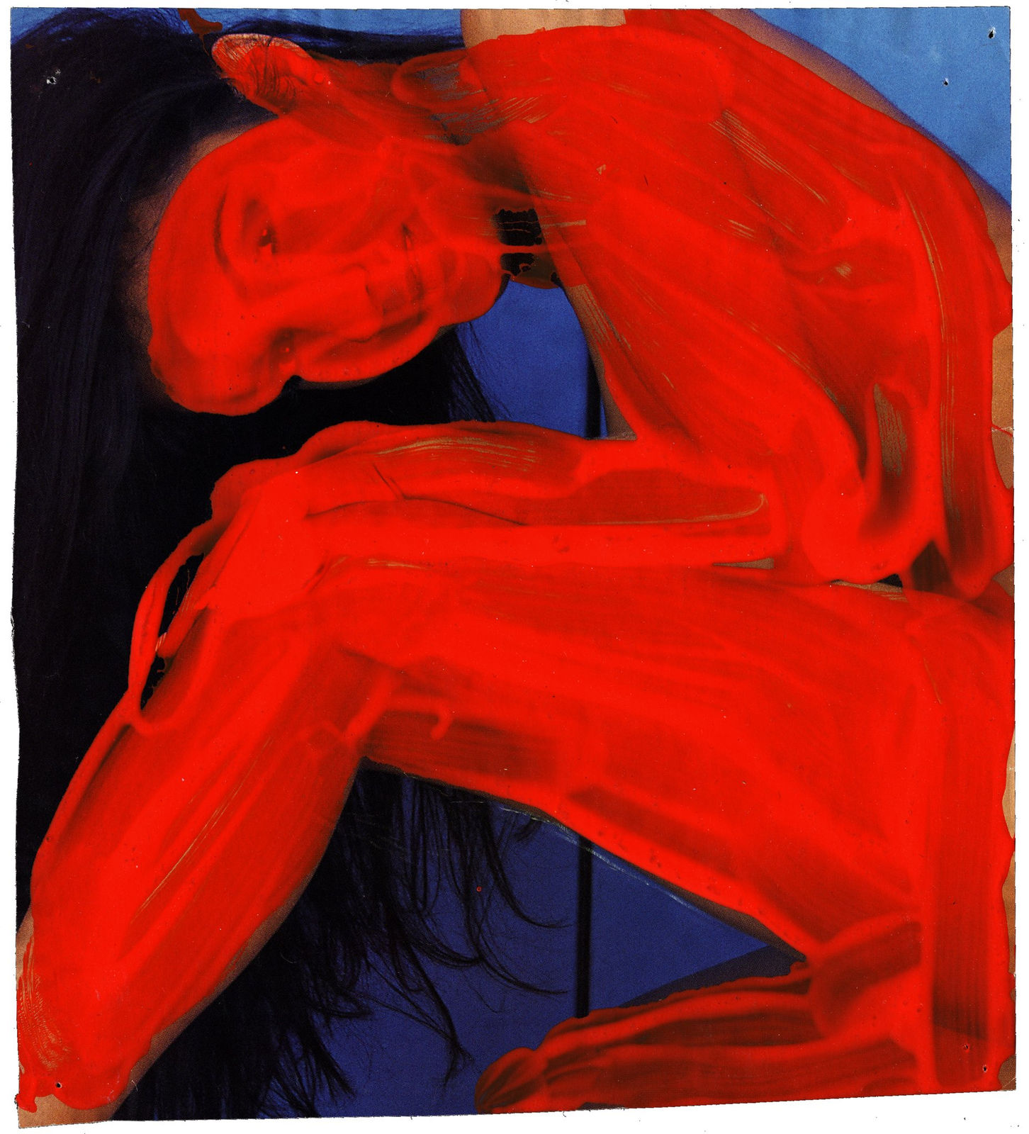 Pornographic magazine page overlaid with painted blue ground and figure inked in red
