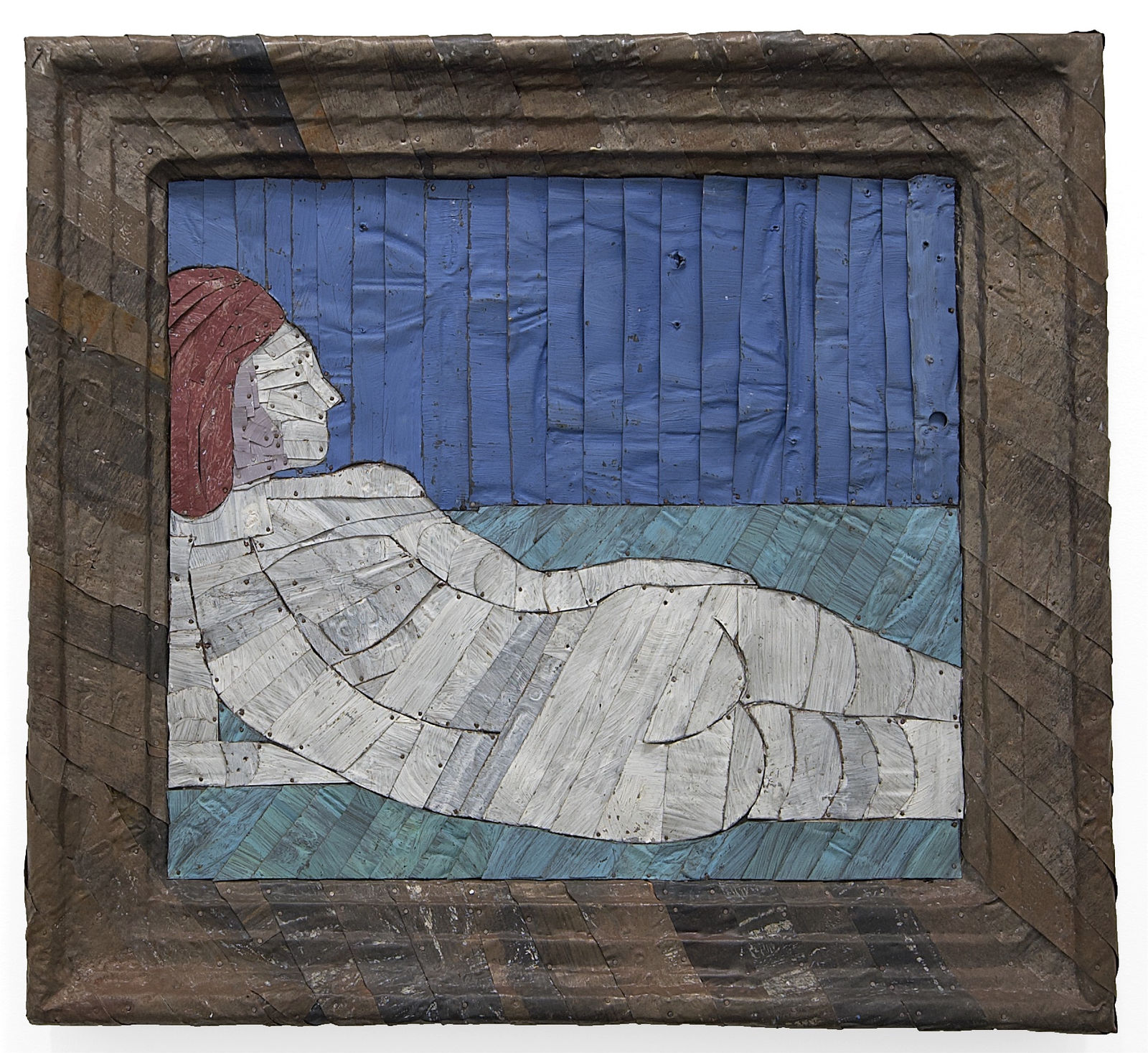 A nude woman reclining in a blue room made from strips of colored tin