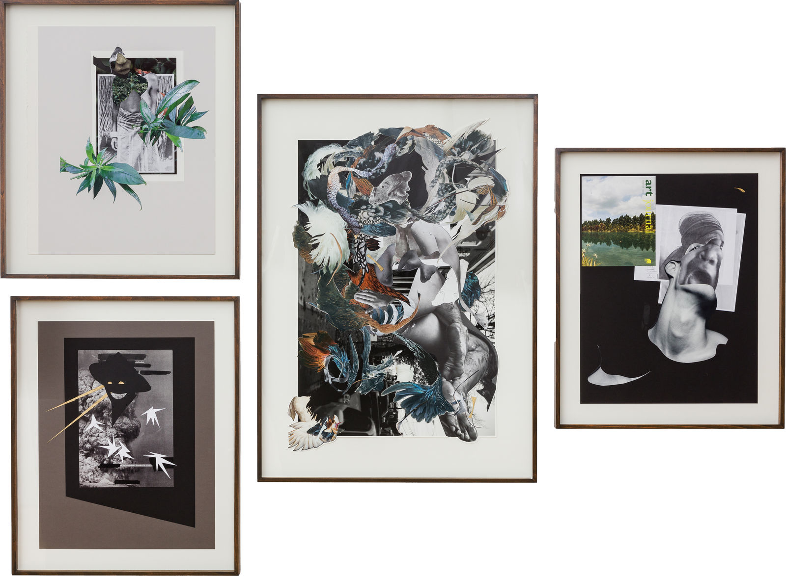 Framed collages featuring images from anthropological magazines, art publications, and colonial era photographs