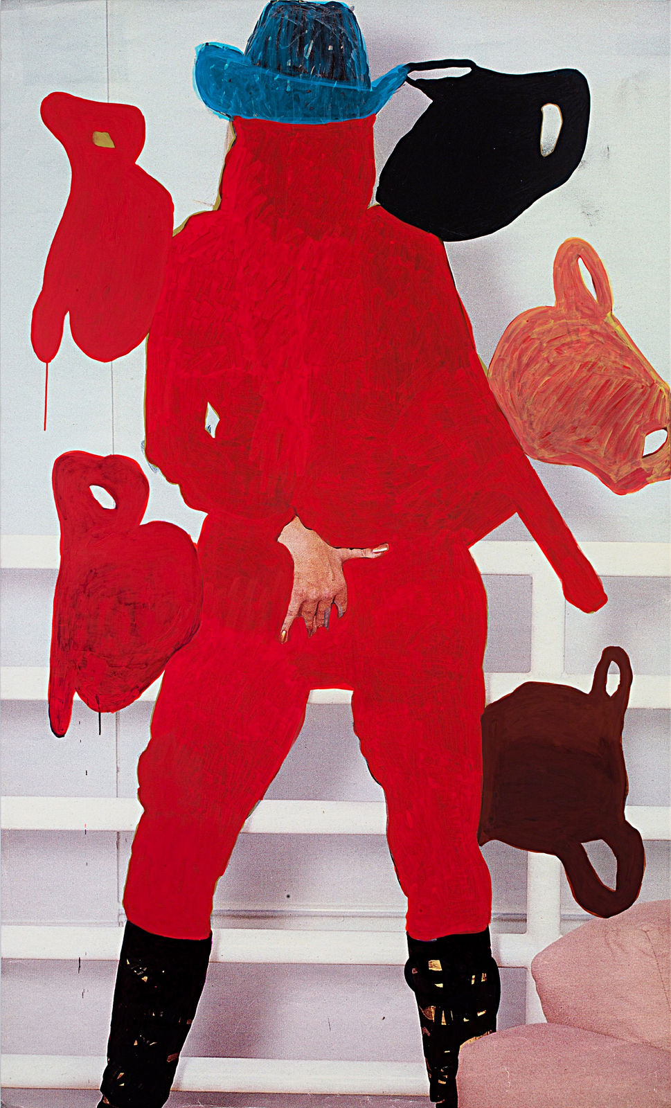 Pornographic image of a woman partially obscured by color with exposed hand and cowboy hat