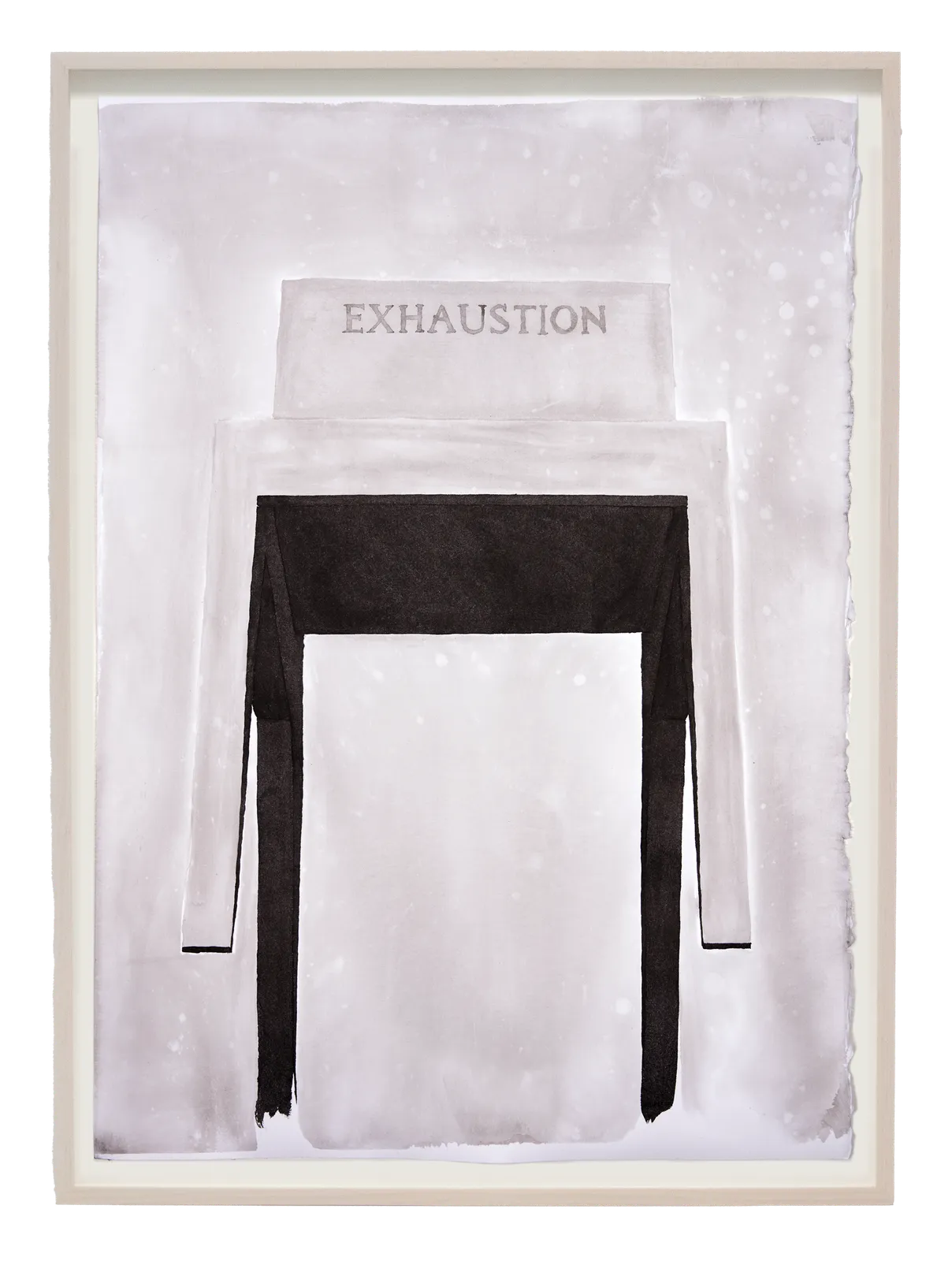 Framed ink drawing of simple wooden chair with 'Exhaustion' inscribed on the seat back
