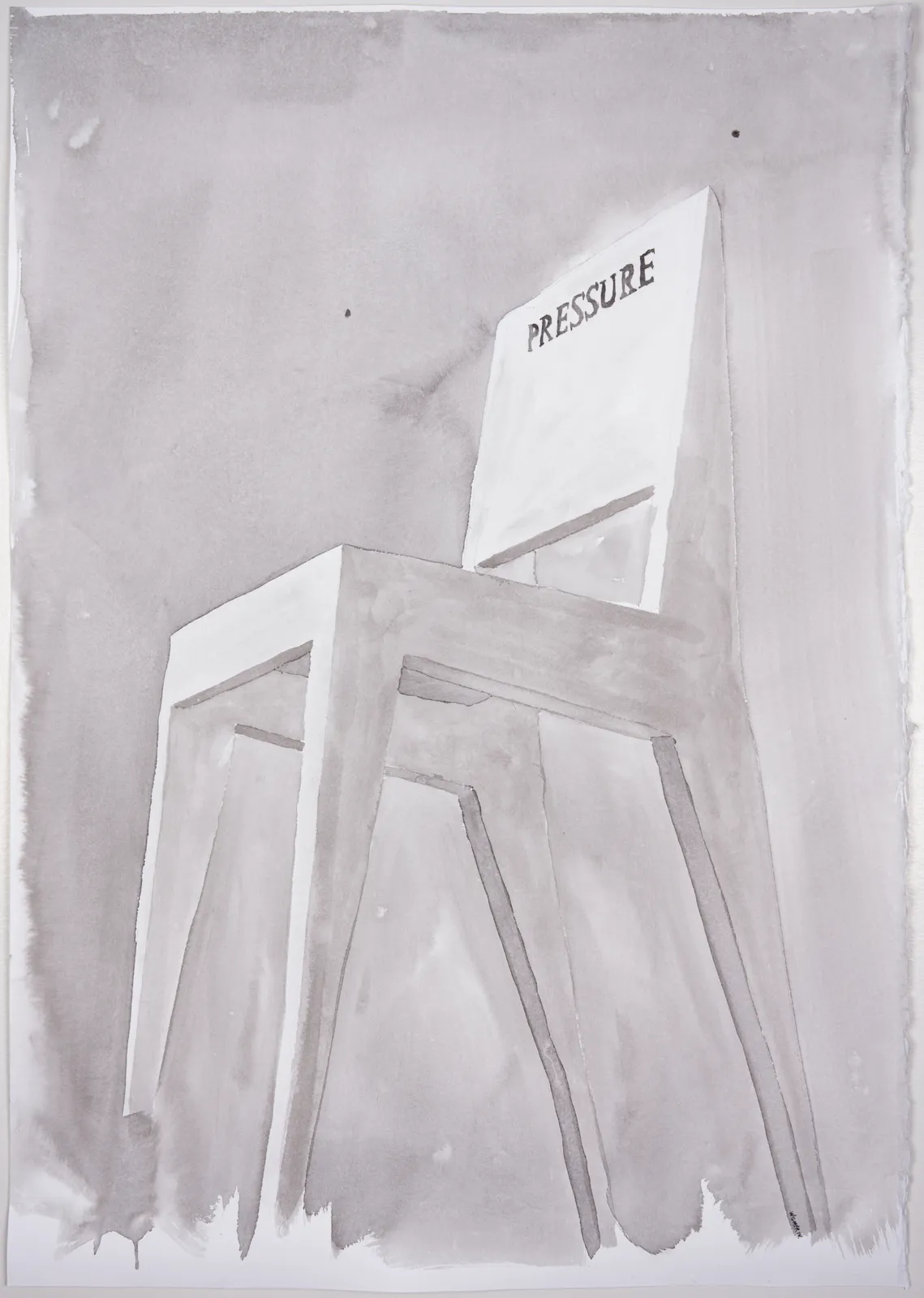 Ink drawing of simple wooden chair with 'Pressure' inscribed on the seat back