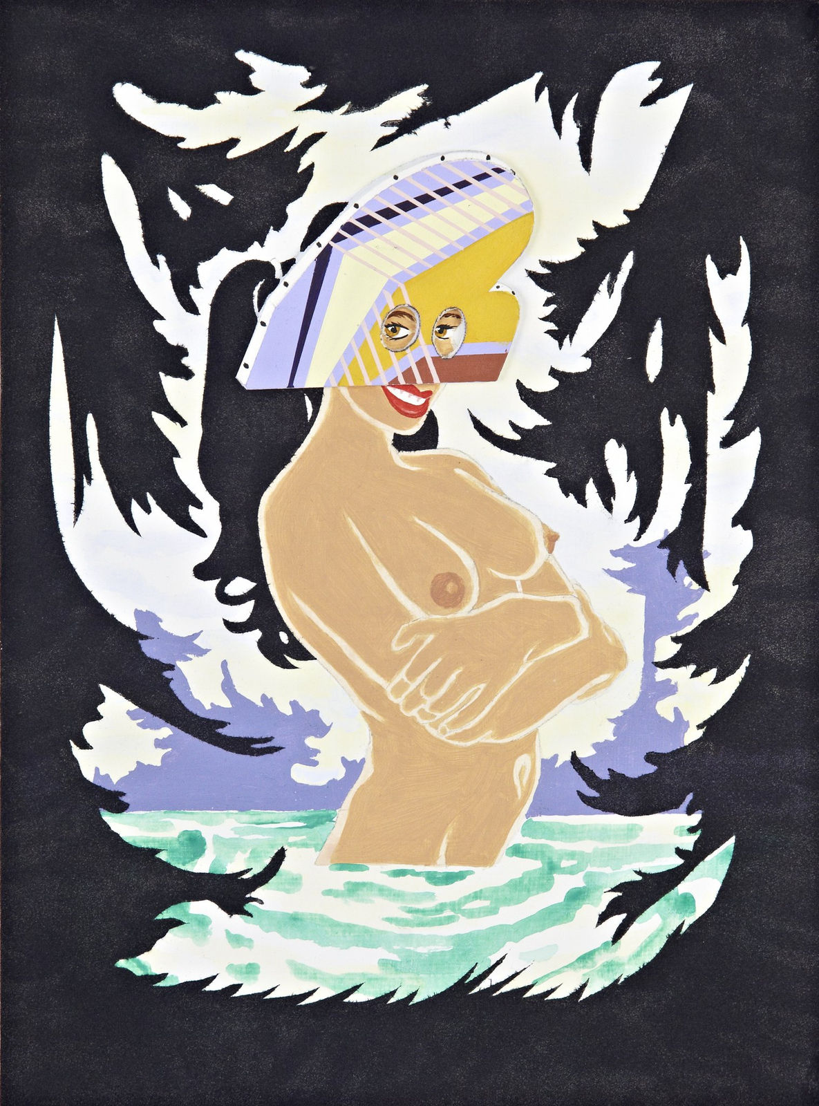 A nude woman emerges from a body of water wearing a modernist painting as a mask