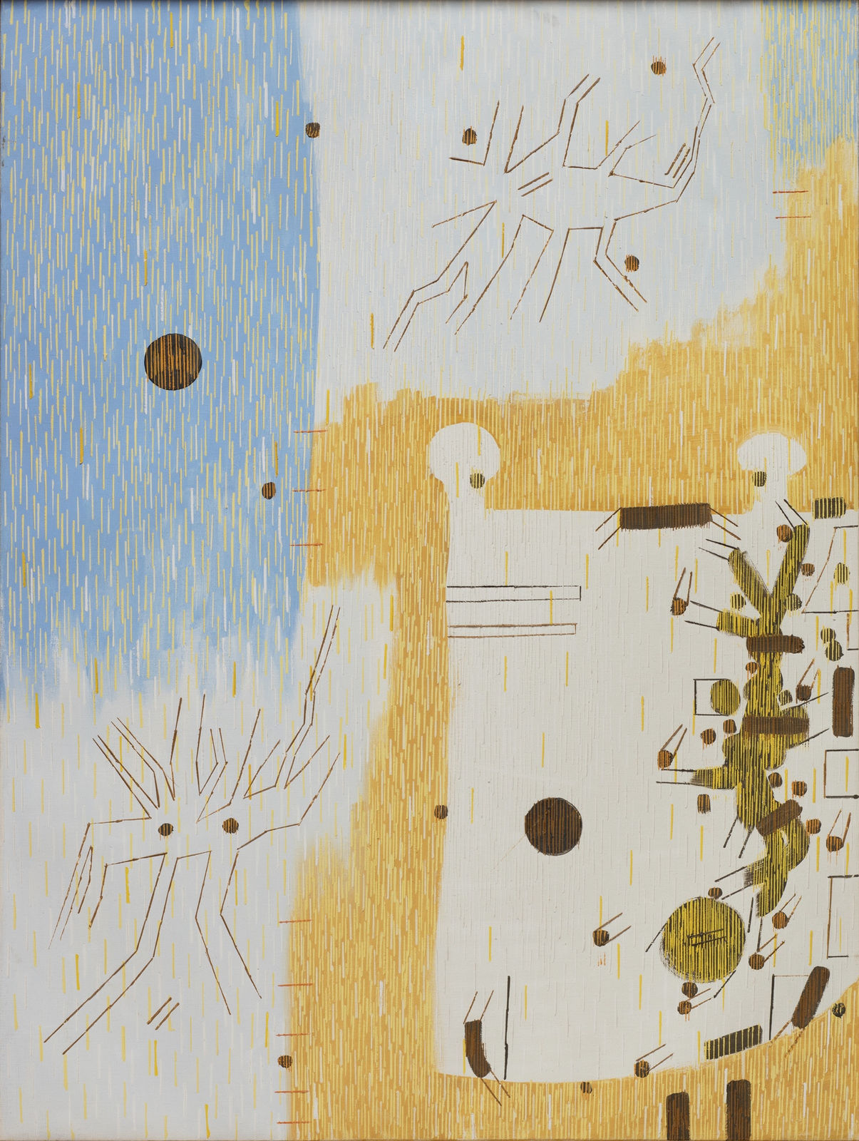 White shapes with many legs or eyes over blue and yellow rectangles