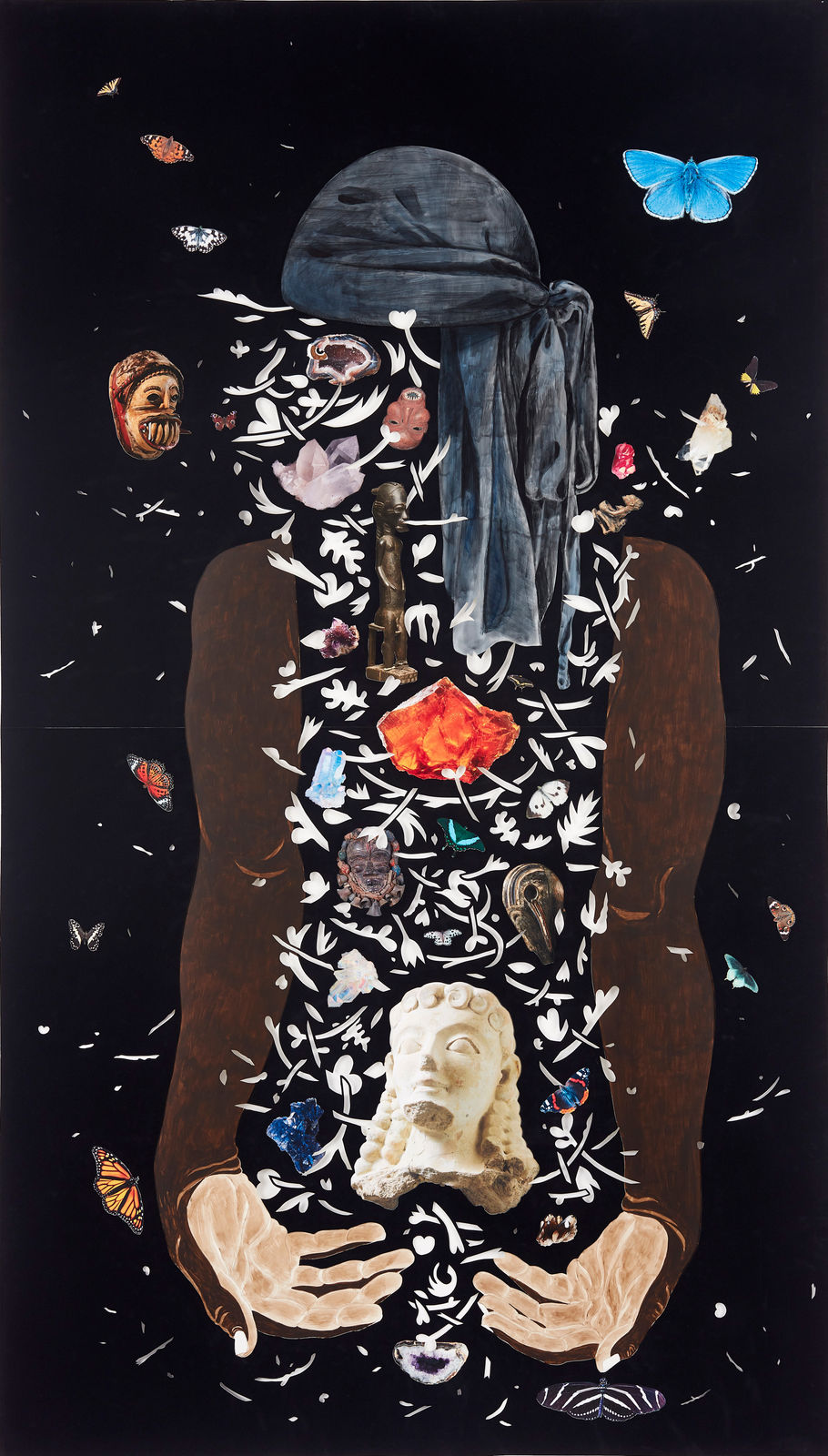 Figure emerging from leafy cutouts with butterflies and sculptures from a black velvet background