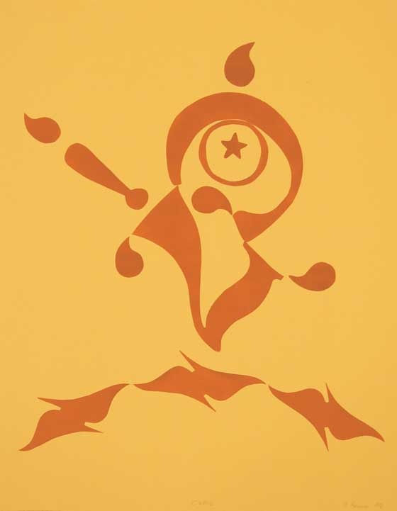 Orange design on yellow ground formed from typographic symbols